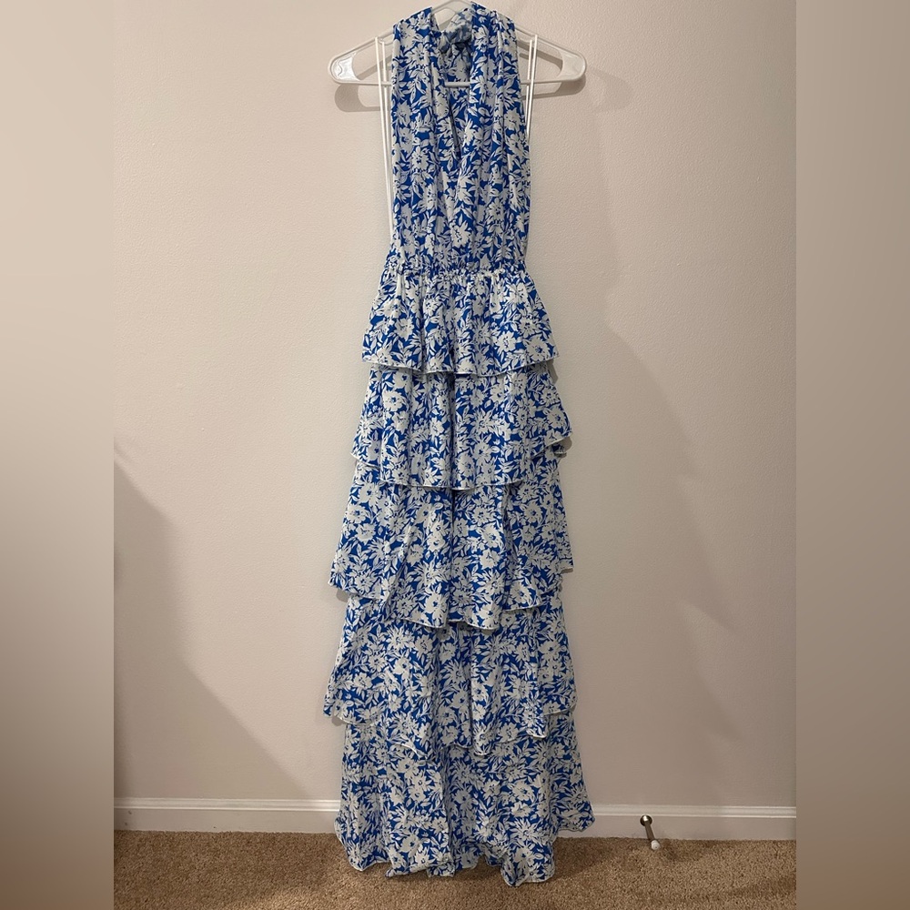 Aakaa Blue and White Convertible Ruffle Floral Maxi Dress